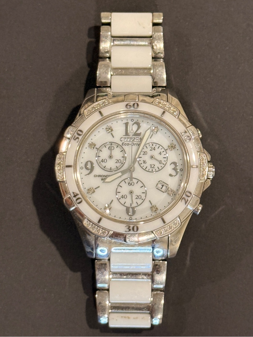 Citizen Eco-Drive Women’s White Silver Chronograph Crystal Watch WR100